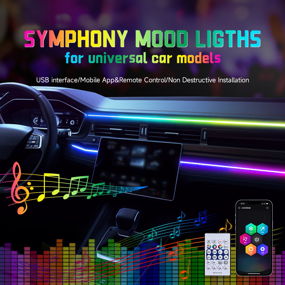 Rgb Hub Sync - Lumière ambiante LED USB pour voiture,